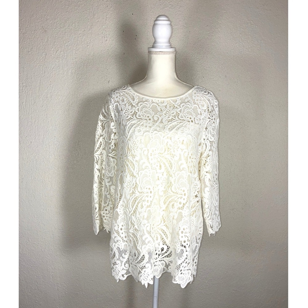 J. Jill Cream Floral Lace Overlay‎ Tunic Top 3/4 Sleeve Cotton Lined Large